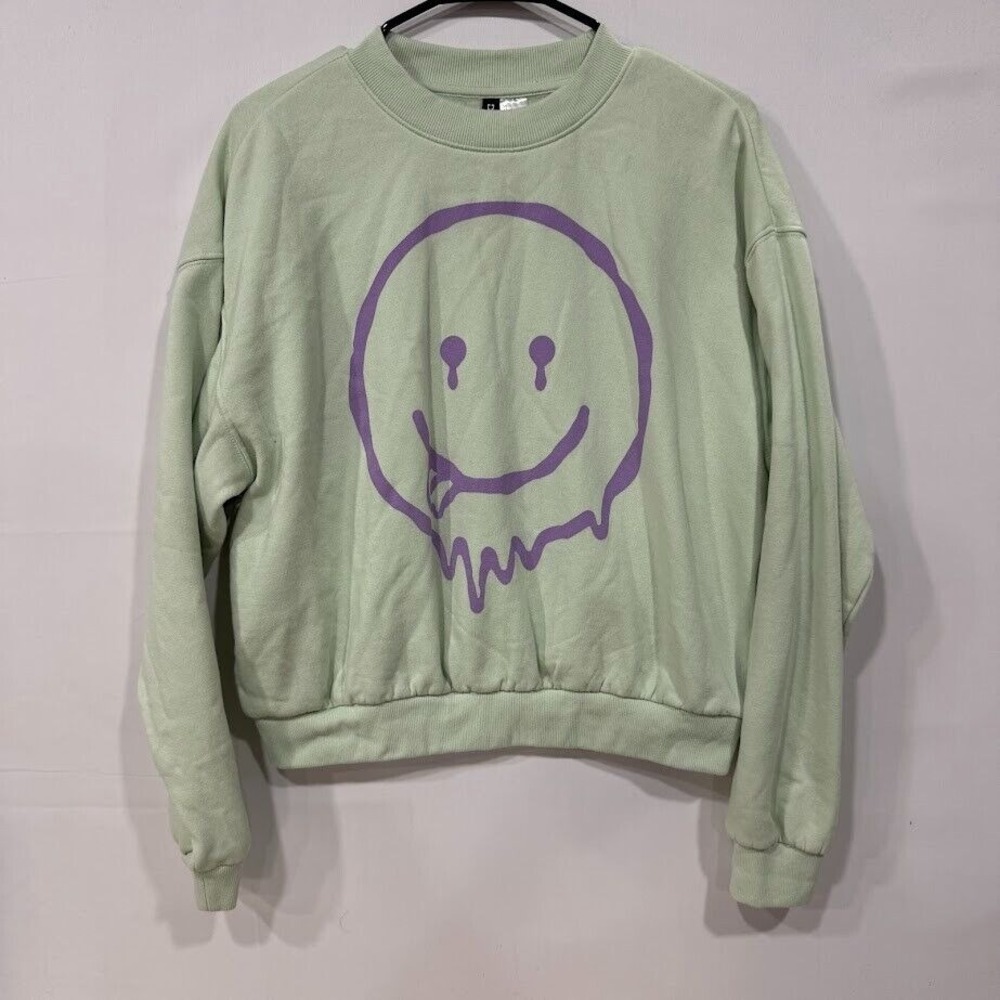 HM Divided Mint Green Melting Smiley Face Graphic Sweatshirt Womens Large L